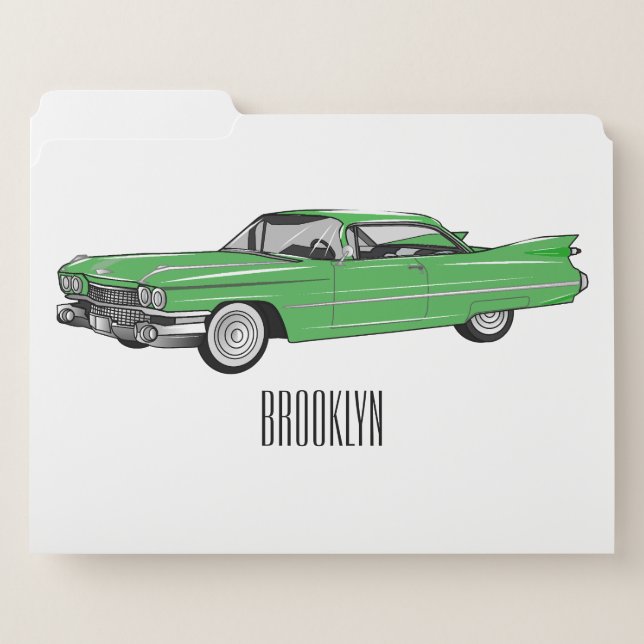 Classic car 1959 cartoon illustration file folder (Front Left)