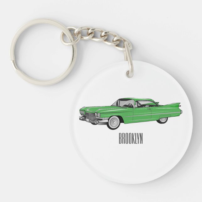 Classic car 1959 cartoon illustration keychain (Front)