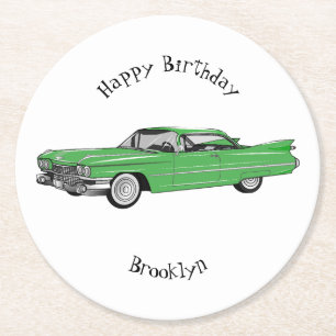 Classic car 1959 cartoon illustration round paper coaster