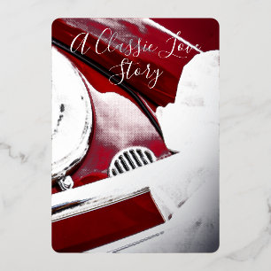 Classic car and love story wedding red white foil invitation