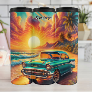 Classic Car at a Tropical Sunset Beach Thermal Tumbler