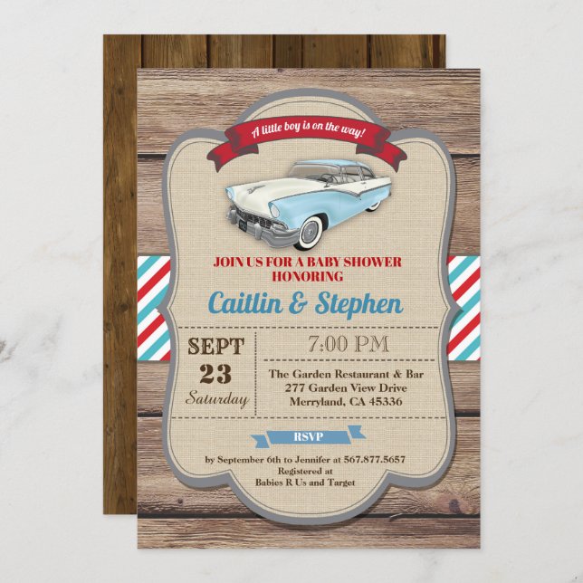 Classic car baby shower invitation. Vintage style Invitation (Front/Back)