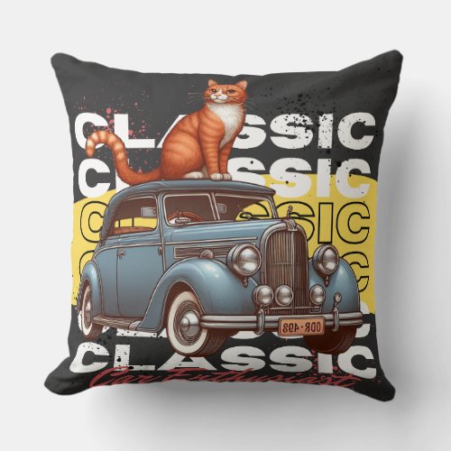 Classic Car Cat Throw Pillow