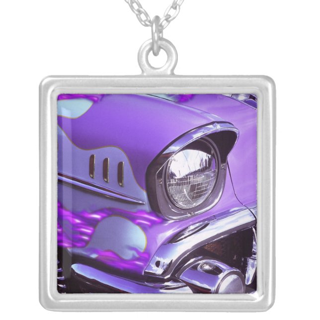 Classic car: Chevrolet with flaming hood Silver Plated Necklace (Front)