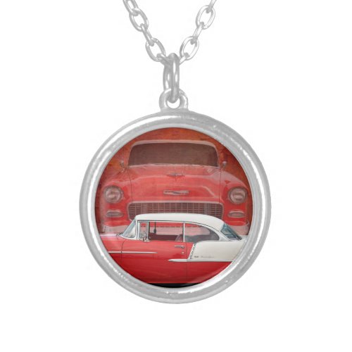 Classic Car Chevy Bel Air Red Vintage Oldtimer Silver Plated Necklace