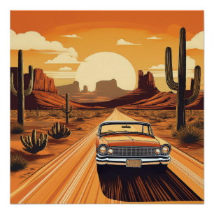 Classic Car Desert Sunset – Vintage Road Trip Art Poster
