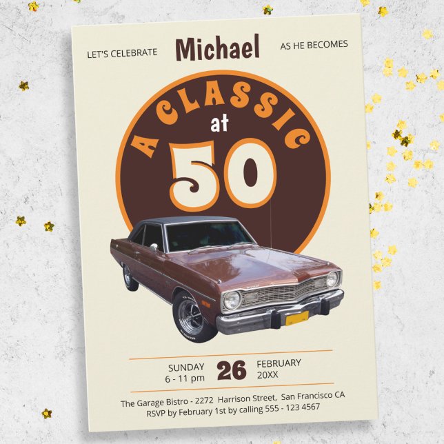 Classic Car Fun Retro 50th Birthday Party Invitation (Mockup View)