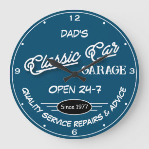 Classic Car Garage Dads Date White Teal Blue Fun  Large Clock