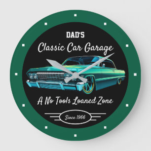 Classic Car Garage Dad's or Anyone's Name Green   Large Clock