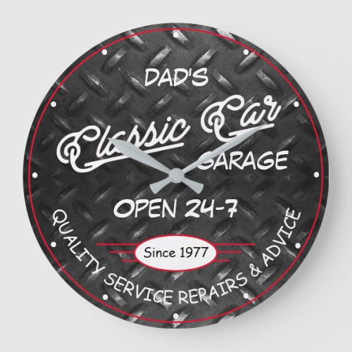 Classic Car Garage Name Date Diamond Plate Image Large Clock