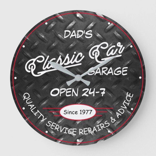 Classic Car Garage Name Date Diamond Plate Image Large Clock (Front)