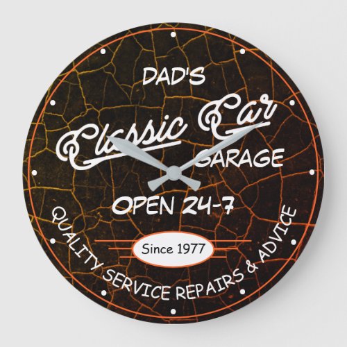 Classic Car Garage Name Date White Orange Cracked Large Clock