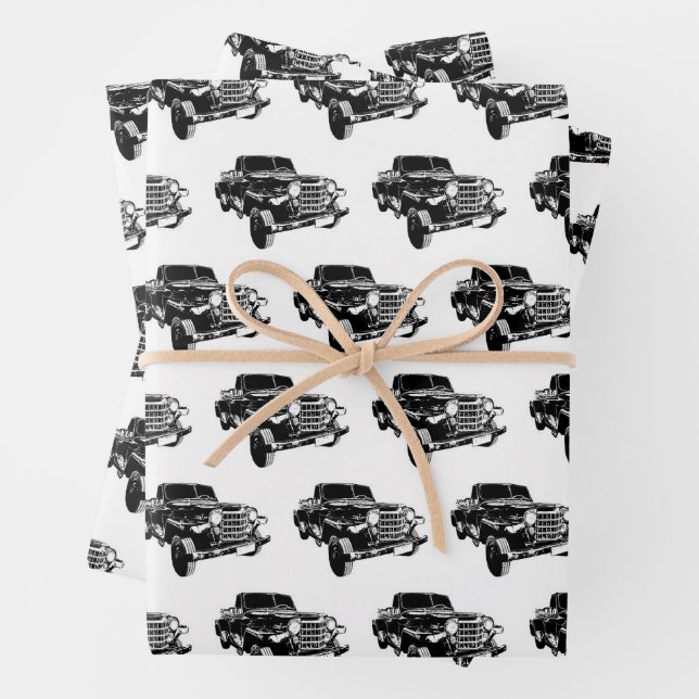 Classic car graphic motif pattern wrapping paper sheets (In situ)