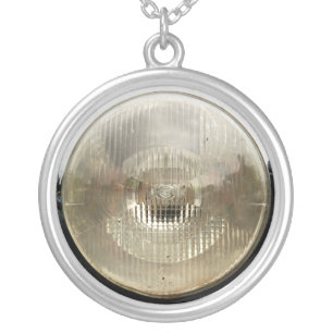 Classic car headlamp with round clear glass lens silver plated necklace