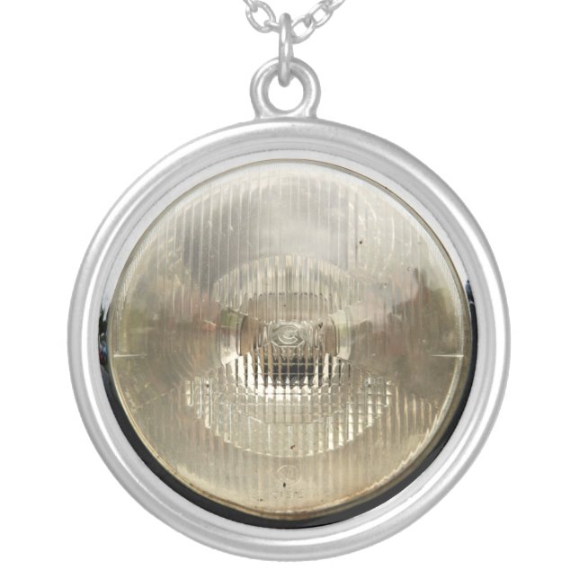 Classic car headlamp with round clear glass lens silver plated necklace (Front)