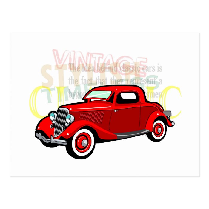 Classic car, old vintage coupe in red postcards