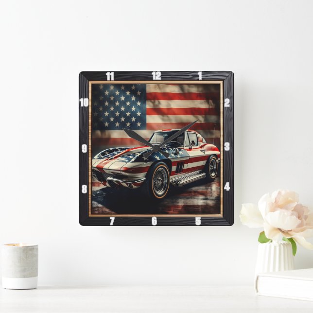 Classic Car Patriotic  Square Wall Clock (Home)