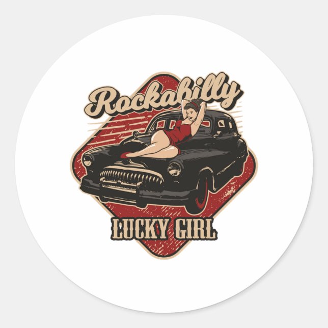 Classic Car Rockabilly Hot Rod PinUp Girl Round Sticker (Front)