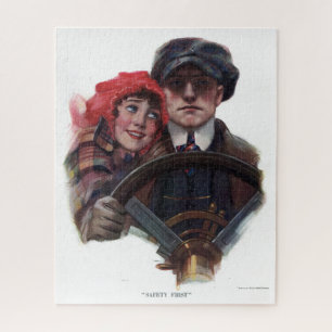 Classic car romantic vintage winter illustration jigsaw puzzle
