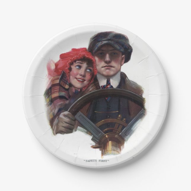 Classic car romantic winter vintage illustration paper plates (Front)