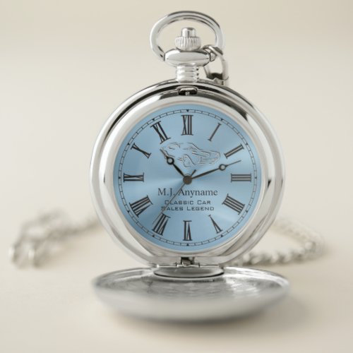 Classic Car Salesman retirement gift in ice blue Pocket Watch