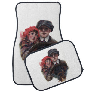 Classic car vintage romantic winter illustration floor mat