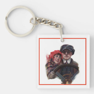 Classic car vintage romantic winter illustration keychain