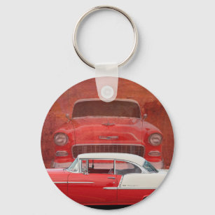 Classic Cars Chevy Bel Air Dodge Red White Vintage Keychain