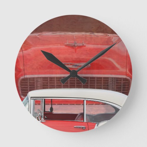 Classic Cars Chevy Bel Air Dodge Red White Vintage Round Clock