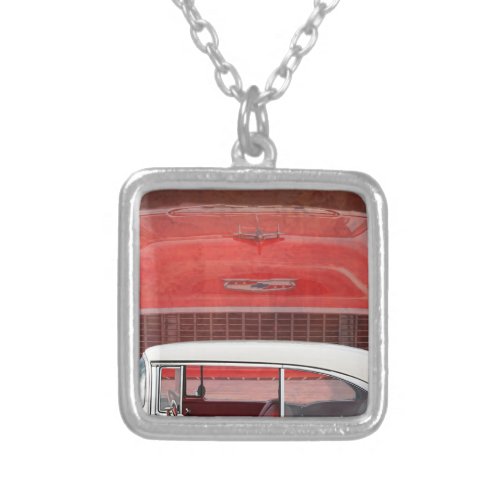 Classic Cars Chevy Bel Air Dodge Red White Vintage Silver Plated Necklace