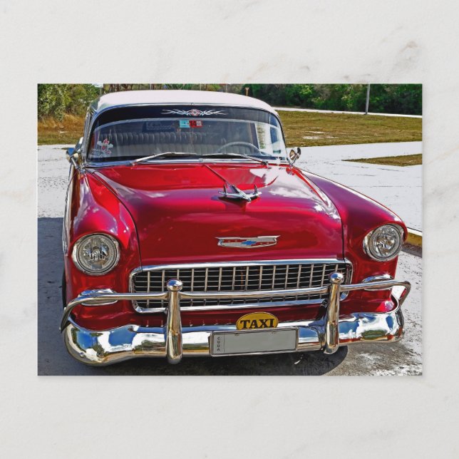 Classic Cars of Cuba Cherry Red and Chrome Postcard (Front)
