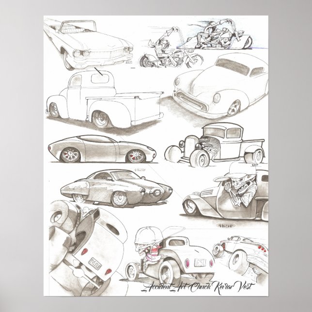 Classic Cars, Trucks, Bikes, Rods Pencil Art Poster (Front)