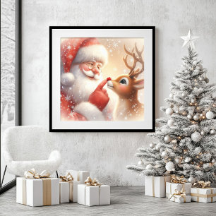 Classic Cartoon Santa and Rudolph Christmas Art Framed Art