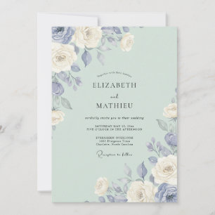 Classic Celadon Periwinkle Peony Wedding Invitation