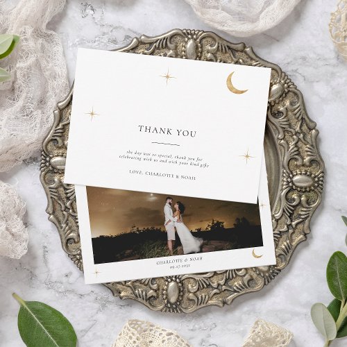 Classic Celestial Gold Moon Stars Photo Wedding Thank You Card