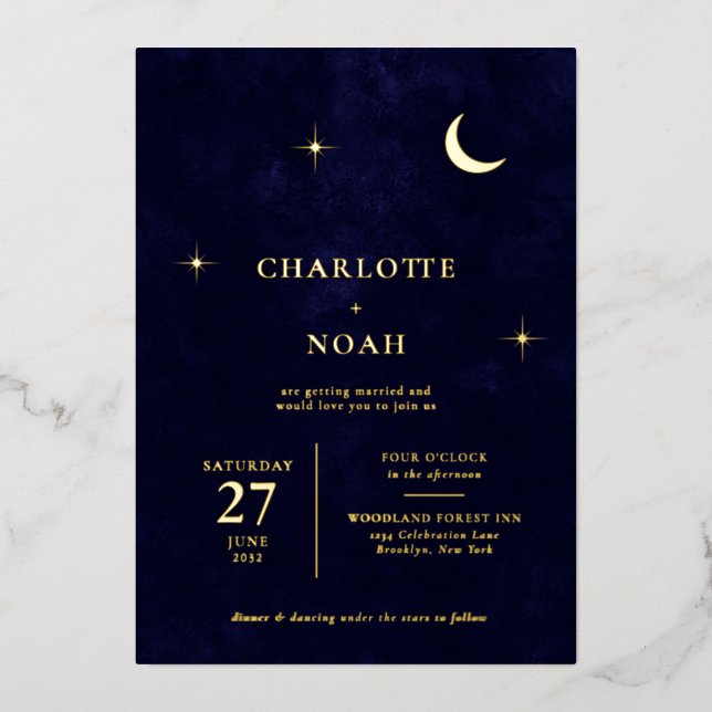 Classic Celestial Gold Moon Stars Wedding Foil Invitation (Front)