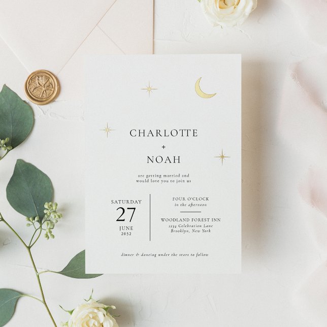 Classic Celestial Gold Moon Stars Wedding Foil Invitation (Creator Uploaded)