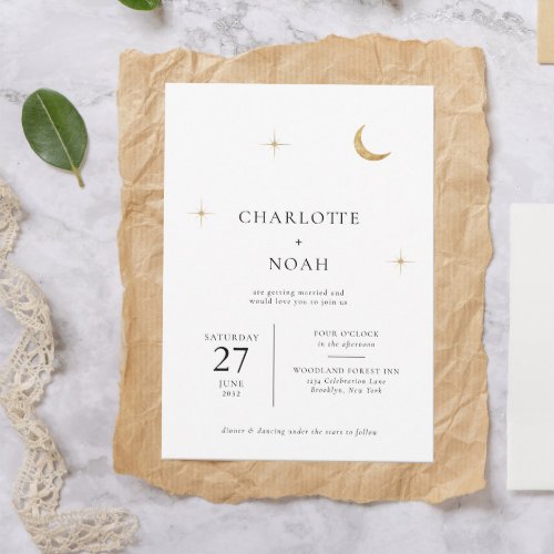 Classic Celestial Gold Moon Stars Wedding Invitation