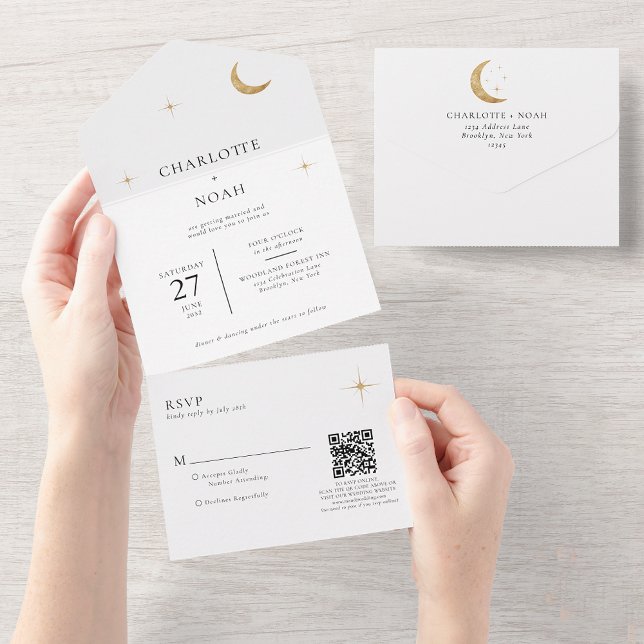 Classic Celestial Gold Moon Stars Wedding QR Code All In One Invitation (Creator Uploaded)