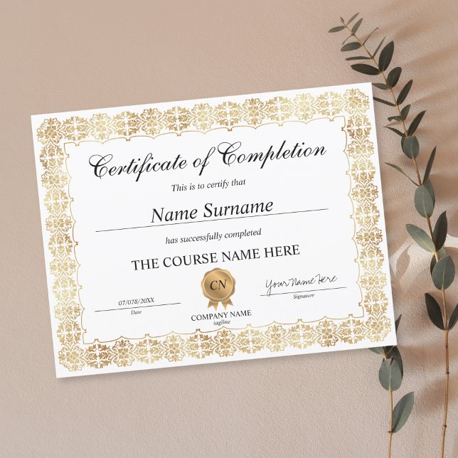 Classic Certificate of Completion Award Diploma (CERTIFICATE WITH GOLDEN VICTORIAN BORDER)