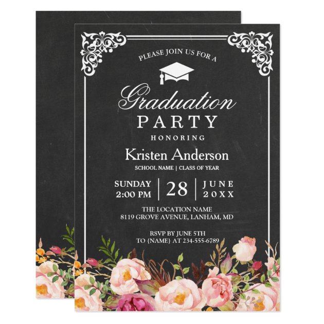 Classic Chalkboard Frame Floral Graduation Party Invitation