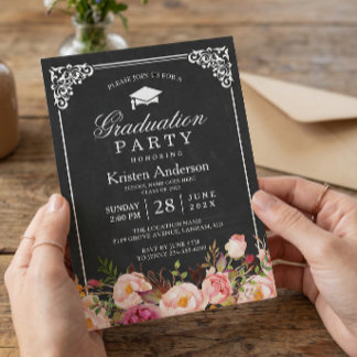 Classic Chalkboard Frame Floral Graduation Party Invitation