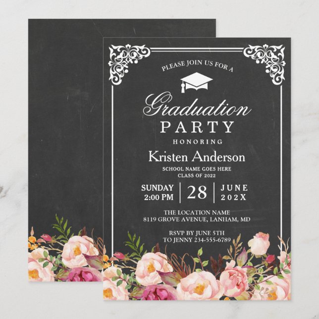 Classic Chalkboard Frame Floral Graduation Party Invitation (Front/Back)