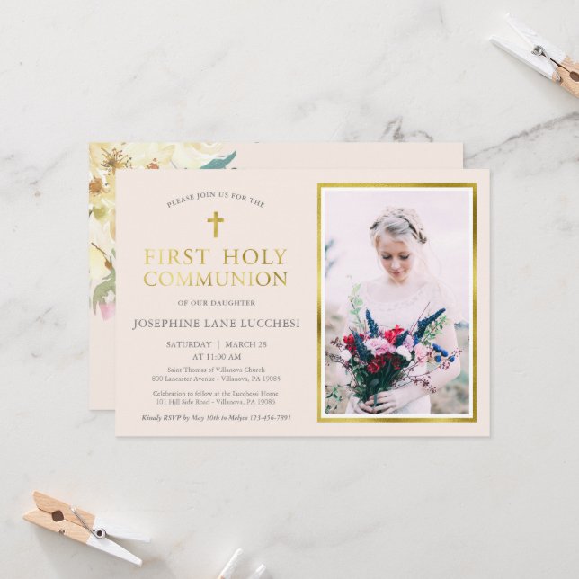 Classic Champagne and Gold Photo Communion Invitation (Front/Back In Situ)