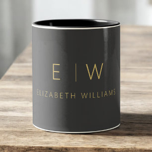 Classic Charcoal Grey Gold Minimalist Monogram Two-Tone Coffee Mug