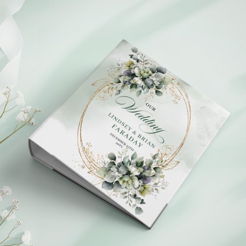 Classic Charm Eucalyptus Green Gold Wedding Memory 3 Ring Binder