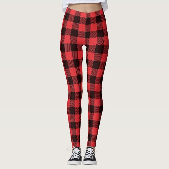 Classic Checked Red and Black Buffalo Plaid Leggings (Front)