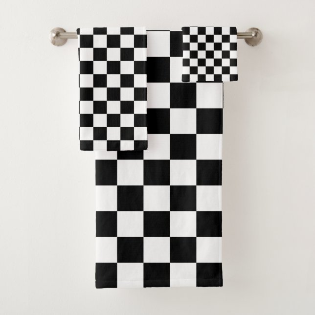 Classic Checkerboard Black White Pattern Bath Towel Set (Insitu)