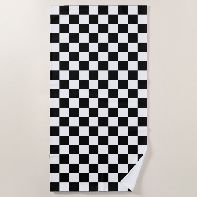 Classic Checkerboard Black White Pattern Beach Towel (Front)
