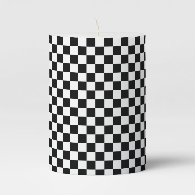 Classic Checkerboard Black White Pattern Pillar Candle (Front)